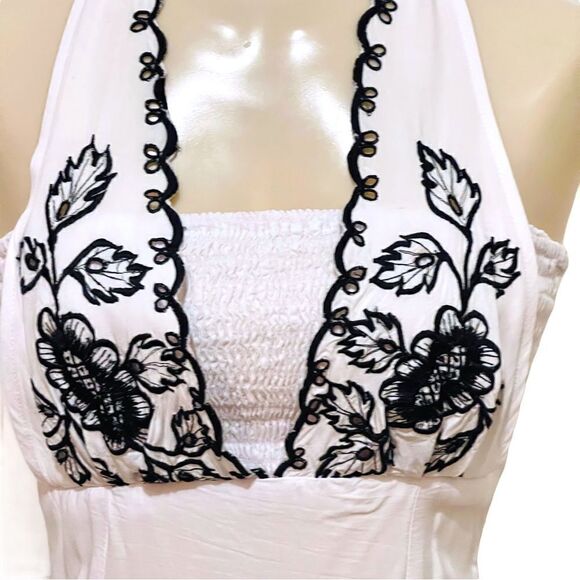 Bali Chic White Black Embroidery Smocked Tube Tie Halter Top Dress - Picture 8 of 15